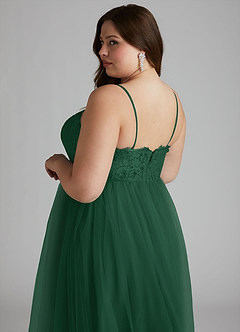 Azazie Roni Vestidos de damas de honor Vestido de Verde Oscuro de Tul de Corte en A Convertible con Escote de Corazón image8