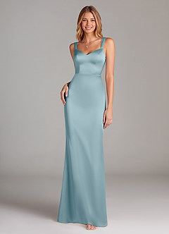 Azazie Denice Final Sale Moody Blue Sheath Pleated Stretch Satin Dress image1