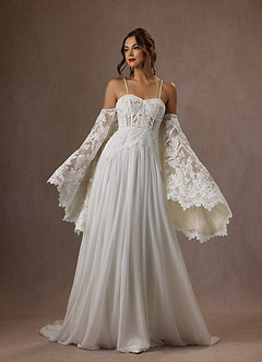 Azazie Rhya Hochzeitskleider A-Linie Schulterfrei Spitze Kleid Diamantweiß Champagner image5