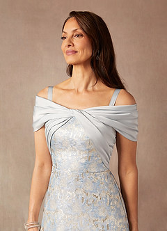 Azazie Amelia Vestidos para mãe da noiva Vestir Azul Empoeirado de Jacquard de Linha A com Fora do ombro image7
