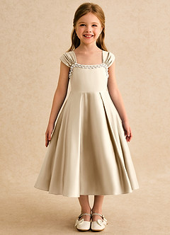 Azazie Yosemite Jurken voor bloemenmeisjes Baljurk Jurk van Mat Satijn Sweetheart Halslijn Champagne image4