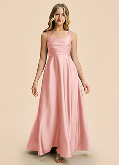 Azazie Azaria Junior Powder Pink A-Line Pleated Stretch Satin Dress image5