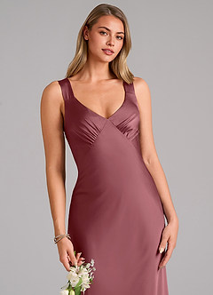 Azazie Kamila Bridesmaid Dresses Desert Rose A-Line Pleated Stretch Satin Dress image7