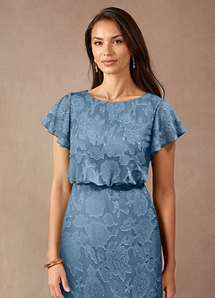 Azazie Lehi vestidos de madre de la novia Vestido de Azul Acero de Devorado Floral de Corte En A con Cuello de barco image5