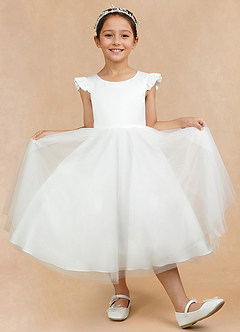 Azazie Hemi Blumenmädchenkleider A-Linie Schleifen Tüll Kleid Elfenbein Dämmerung image7