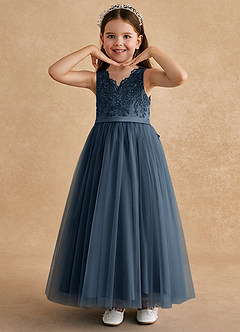 Azazie Cinna Abiti da Ragazza di Fiori Abito A-Line in Tulle Pizzo Blu Nettuno image5