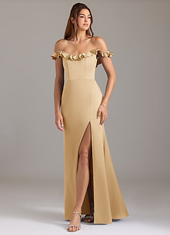 Azazie Callie Bridesmaid Dresses Gold A-Line Ruched Stretch Satin Convertible Dress image5