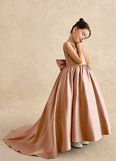 Azazie Mimia Flower Girl Dresses Champagne Rose A-Line Bow Matte Satin Dress image4