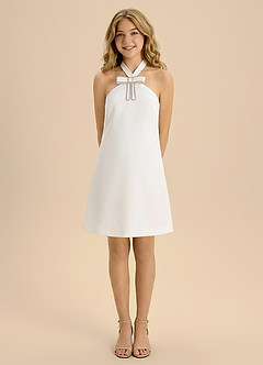 Azazie Alina Junior Formal Linia A Ukłon Rozciągliwy Krep Mini Młodsza druhna Sukienka image5