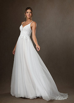 Azazie Devi At-home Try On Dresses Diamond White A-Line V-Neck Lace Tulle Dress image1