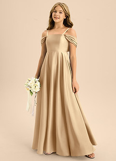 Azazie Rowena Junior Champagne A-Line Bow Stretch Satin Dress image7