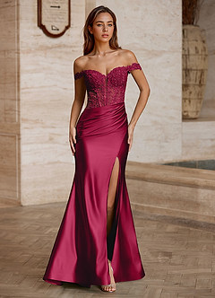Linange Burgundy Embroidered Appliqué Satin Prom Dress image3