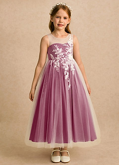 Azazie Amina Flower Girl Dresses Ivory Mulberry A-Line Lace Tulle Dress image4