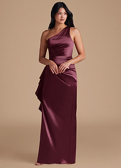 Azazie Latrice Vestidos de damas de honor Vestido de Cabernet de Satén Metálico de Corte Recto con Hombro unilateral image6
