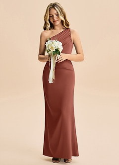 Azazie Akilah Junior Robe Fourreau en Satin extensible Plissée Auburn image4