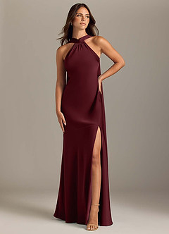 Azazie Kinsley Bridesmaid Dresses Cabernet Mermaid Side Slit Stretch Satin Dress image1