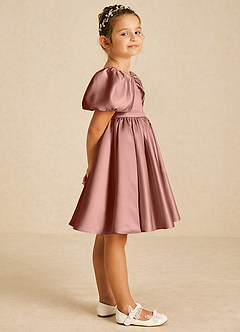 Azazie Muffin Flower Girl Dresses Cedar Rose A-Line with Sleeves Matte Satin Dress image3