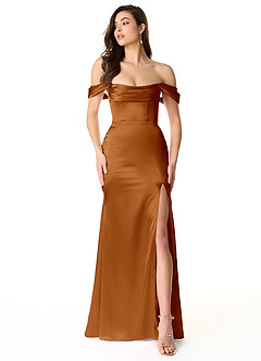 Azazie Liv Vestidos de damas de honor Vestido de Cobre de Satén Metálico de Corte Recto Convertible con Vestidos sin tirantes image1