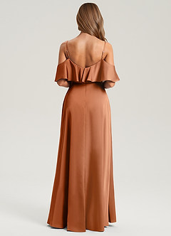 Azazie Jean Bridesmaid Dresses Copper A-Line Off the Shoulder Stretch Satin Dress image2
