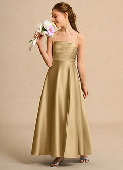 Azazie Pebbles Girls Formal Flower Girl Dresses Gold A-Line Pleated Matte Satin Dress image4