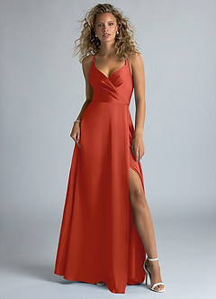 Azazie Davis Bridesmaid Dresses Rust A-Line Pleated Stretch Satin Dress image2