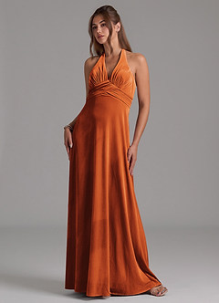 Azazie Tessie Vestidos de damas de honor Vestido de Naranja Quemada de terciopelo de Corte en A con Plisado image6