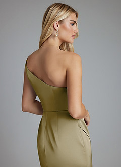 Azazie Adhara Bridesmaid Dresses Moss Green Sheath One Shoulder Stretch Satin Dress image7