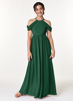 Azazie Seneca Junior Jurk van Chiffon met A-Lijn Off the Shoulder Donkergroen image1