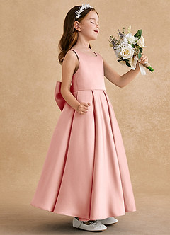 Azazie Honey Bear Blumenmädchenkleider A-Linie Plissee Matte Satin Kleid Rosettenrosa image2