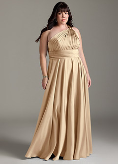 Azazie Charlize Jurken voor bruidsmeisjes Jurk van Stretch Satijn met A-lijn One-shoulder Champagne image1