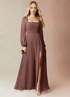 Azazie Leonia Bridesmaid Dresses Espresso A-Line Long Sleeve Chiffon Dress image7