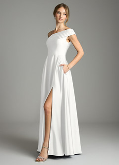 Azazie Melanie Rochii de domnișoară de onoare Linie A De pe umăr Satin elastic Lungime până la podea Rochie image4