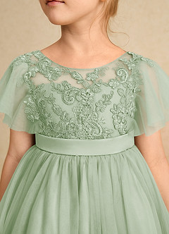 Azazie Queenie Flower Girl Dresses Dusty Sage A-Line Lace Dress image4