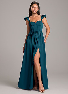 Azazie Denisse Brautjungfernkleider A-Linie Gestreift Stretch-Satin Kleid Tintenblau image1