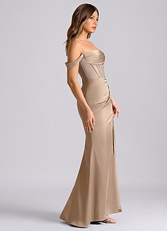 Azazie Alyce Jurken voor bruidsmeisjes Converteerbaar Jurk van Stretch Satijn met Zeemeermin Off the Shoulder Taupe image3