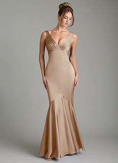 Azazie Alena Bridesmaid Dresses Taupe Mermaid Pleated Stretch Satin Dress image6