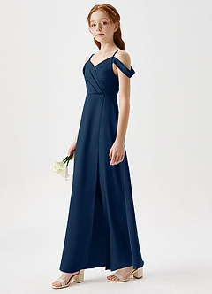 Azazie Ocean Junior Dark Navy A-Line Off the Shoulder Stretch Satin Dress image3