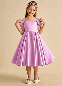 Azazie Favia Flower Girl Dresses Candy Pink A-Line Off the Shoulder Matte Satin Dress image4