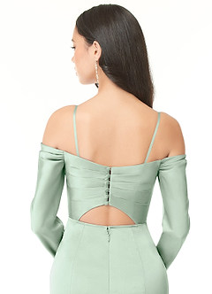 Azazie Hallie Bridesmaid Dresses Agave Sheath Off-The-Shoulder Long Sleeve Stretch Satin Convertible Dress image8