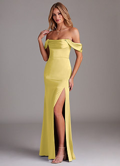 Azazie Saige Abiti da Damigella Abito Tubino in Raso Elasticizzato a Spalla Scoperta Canarino image5