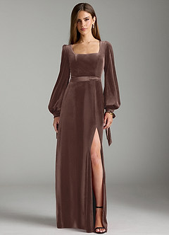 Azazie Leonia Bridesmaid Dresses Ganache A-Line Long Sleeve Velvet Dress image1