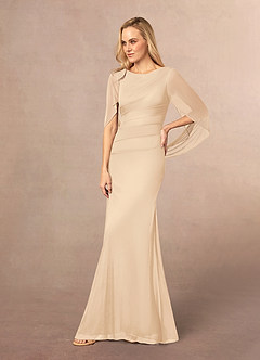 Azazie Belladonna Mother of the Bride Dresses Champagne Mermaid Scoop Pleated Mesh Dress image3