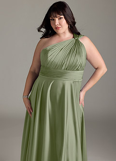 Azazie Charlize Bridesmaid Dresses Pistachio A-Line One Shoulder Stretch Satin Dress image14