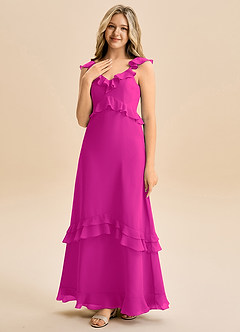 Azazie Tavie Junior Vestido de Fucsia de Gasa de Corte en A con Volante image3