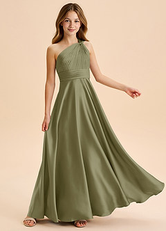 Azazie Charlize Junior Pistachio A-Line Pleated Stretch Satin Dress image5