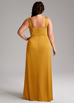 Azazie Denice Bridesmaid Dresses Butterscotch Sheath Pleated Stretch Satin Dress image11