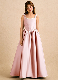 Azazie Enid Girls Formal Blomsterpigekjoler A-Line Perlebesat Stræk satin Gulv-længde Kjole image5