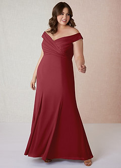 Azazie Lecia Jurken voor bruidsmeisjes Converteerbaar Jurk van Chiffon met rijk Off-the-shoulder geplooid Granaatappel image8