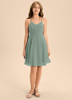 Azazie Avelina Junior Silver Sage A-Line Pleated Chiffon Dress image4