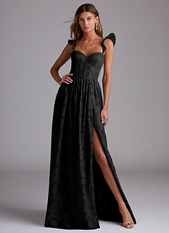 Azazie Denisse Bridesmaid Dresses Black A-Line Ruched Floral Burnout Dress image1